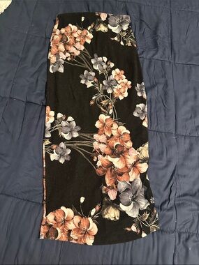 Floral Pencil Skirt in Black with Peach & Lavender Blooms